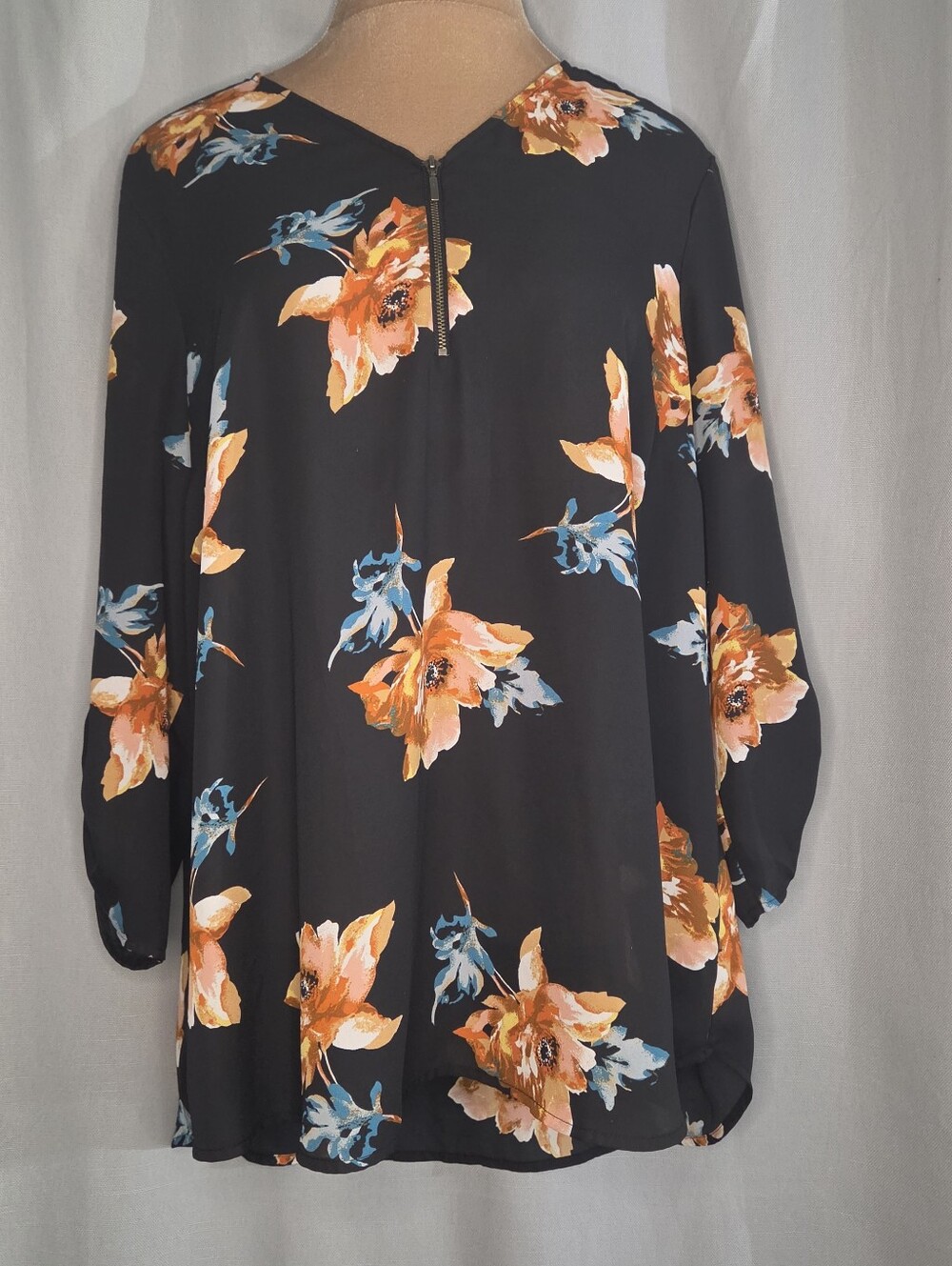 Maurices Black Tunic XL with Orange and Blue Floral Zip Front